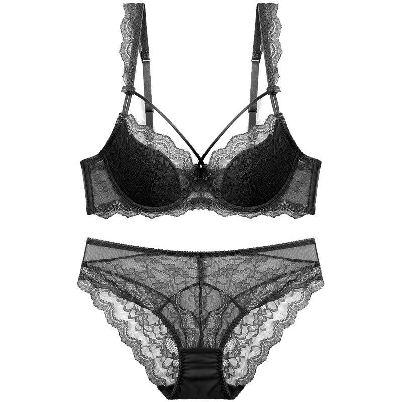 Durchgehendes, dünnes, gepolstertes Bralette-Set mit Riemchen aus Spitze