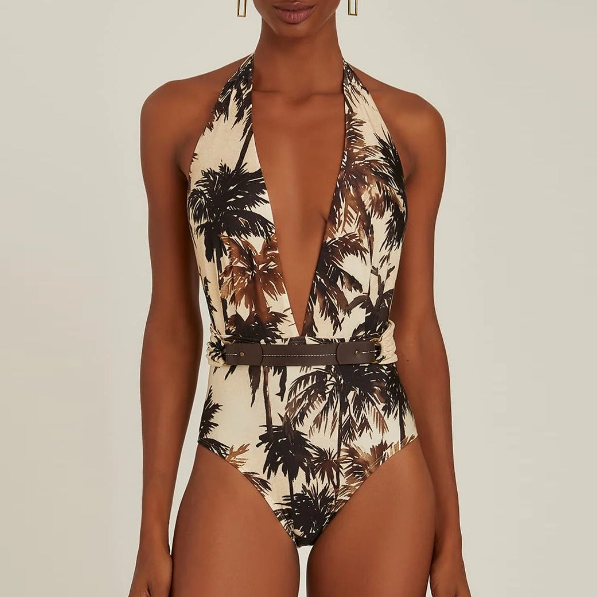 Deep V Halterneck Printed One-Piece Swimsuit Set