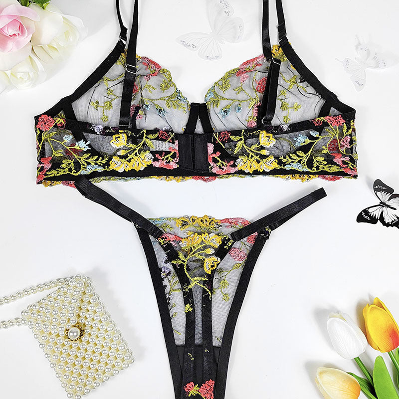 Dessous-Set mit besticktem Blumenmuster und Clash-Ins