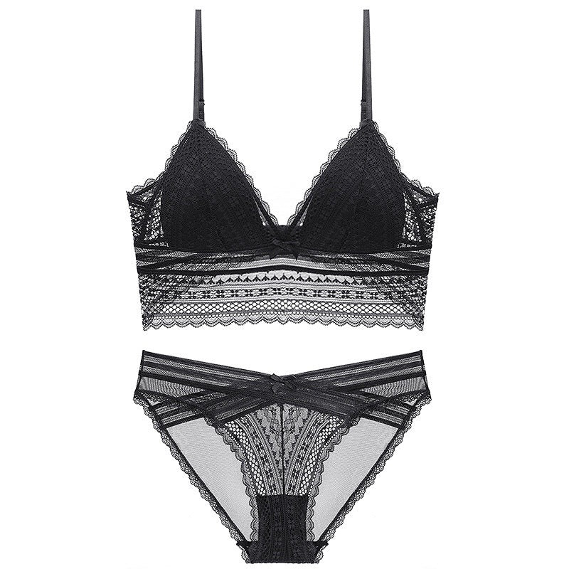 Conjunto de sujetador de copa triangular de encaje, lencería sin aro de acero, bralette fino