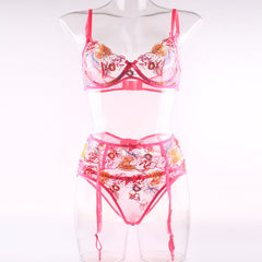 Erotische Dessous Blumenstickerei BH Dreiteiliges Set