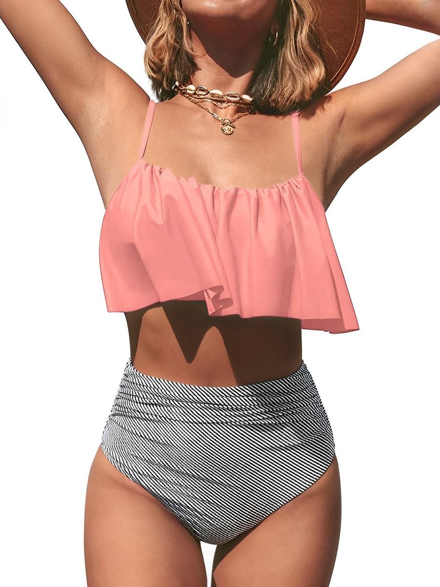 Ruffled Striped Two-Piece High-Waisted Swimsuit