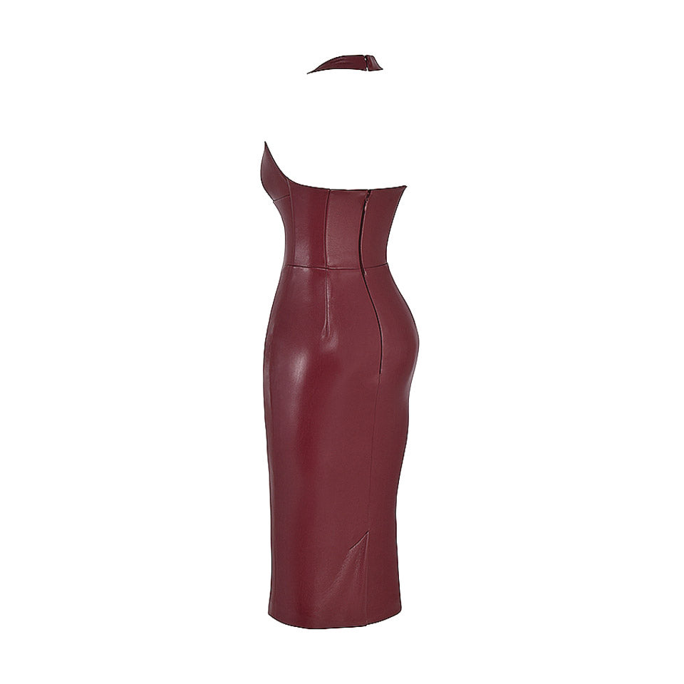 CHIYO LACE UP PU LEATHER BURGUNDY MIDI DRESS