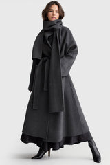 Oversized Long Coat with Belt - Grey