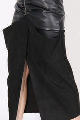 Ruched Midi Skirt with Leather Detail - Black