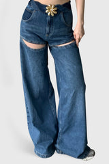 Weite Jeans mit Frontausschnitten - Blau