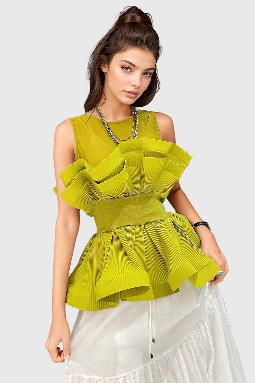 Sleeveless Top with Ruffle - Green