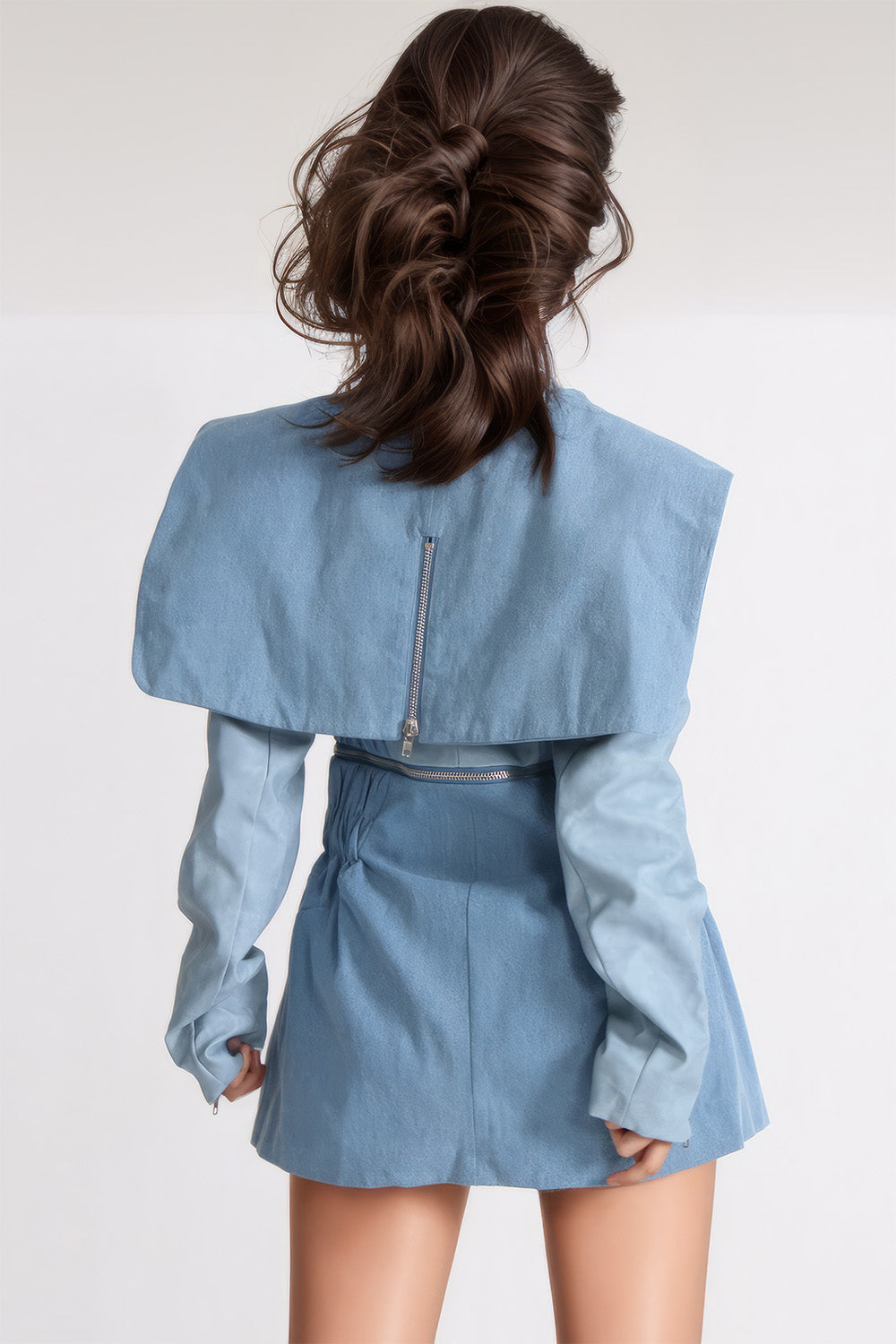 Tailored Blazerwith Zipper at Waist - Blue