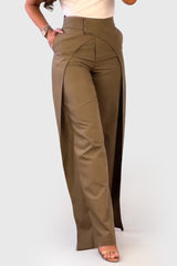 Wide Trousers with Double Layer Detail - Brown