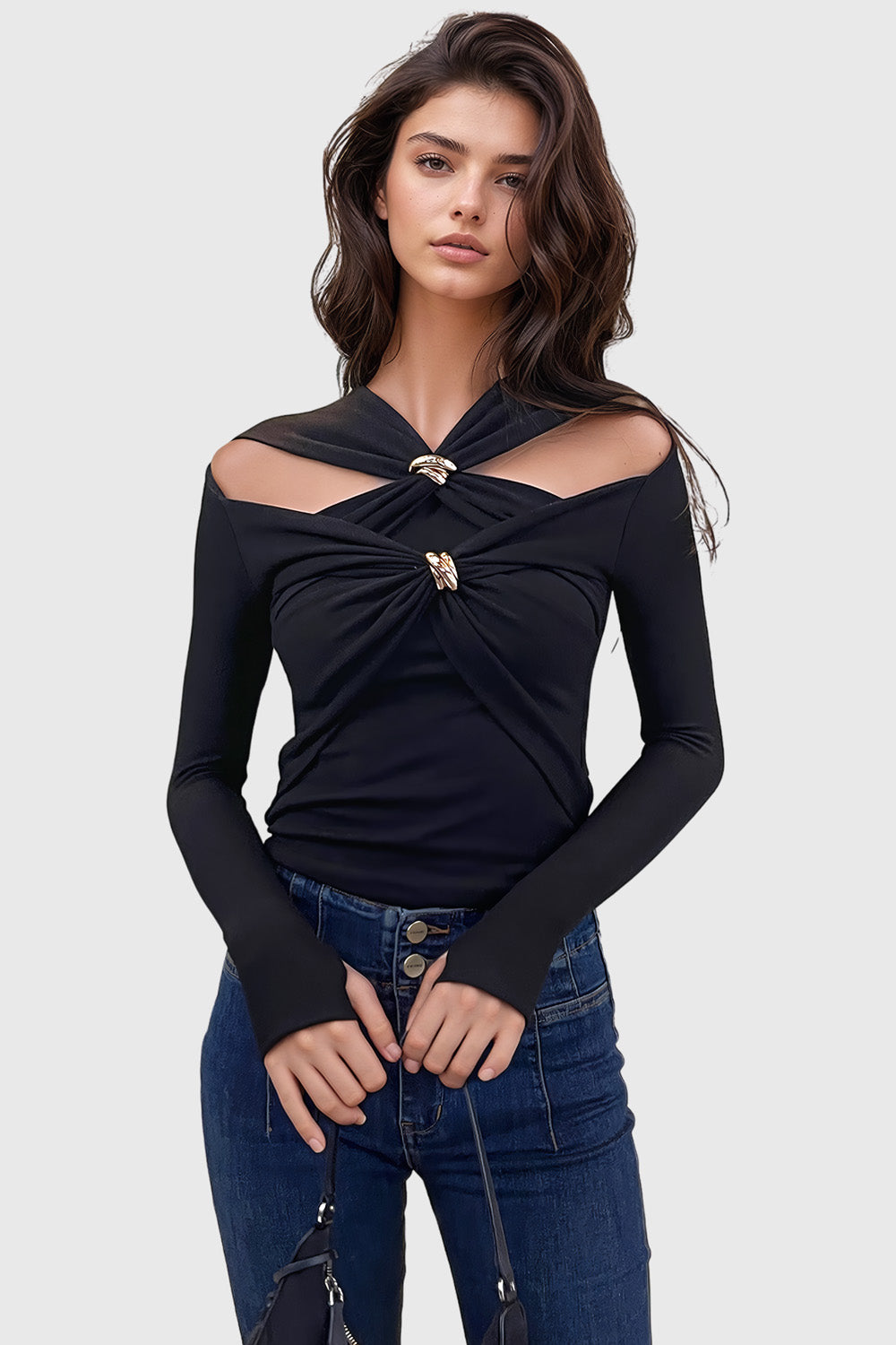 Long Sleeve Top with Gold Details - Black