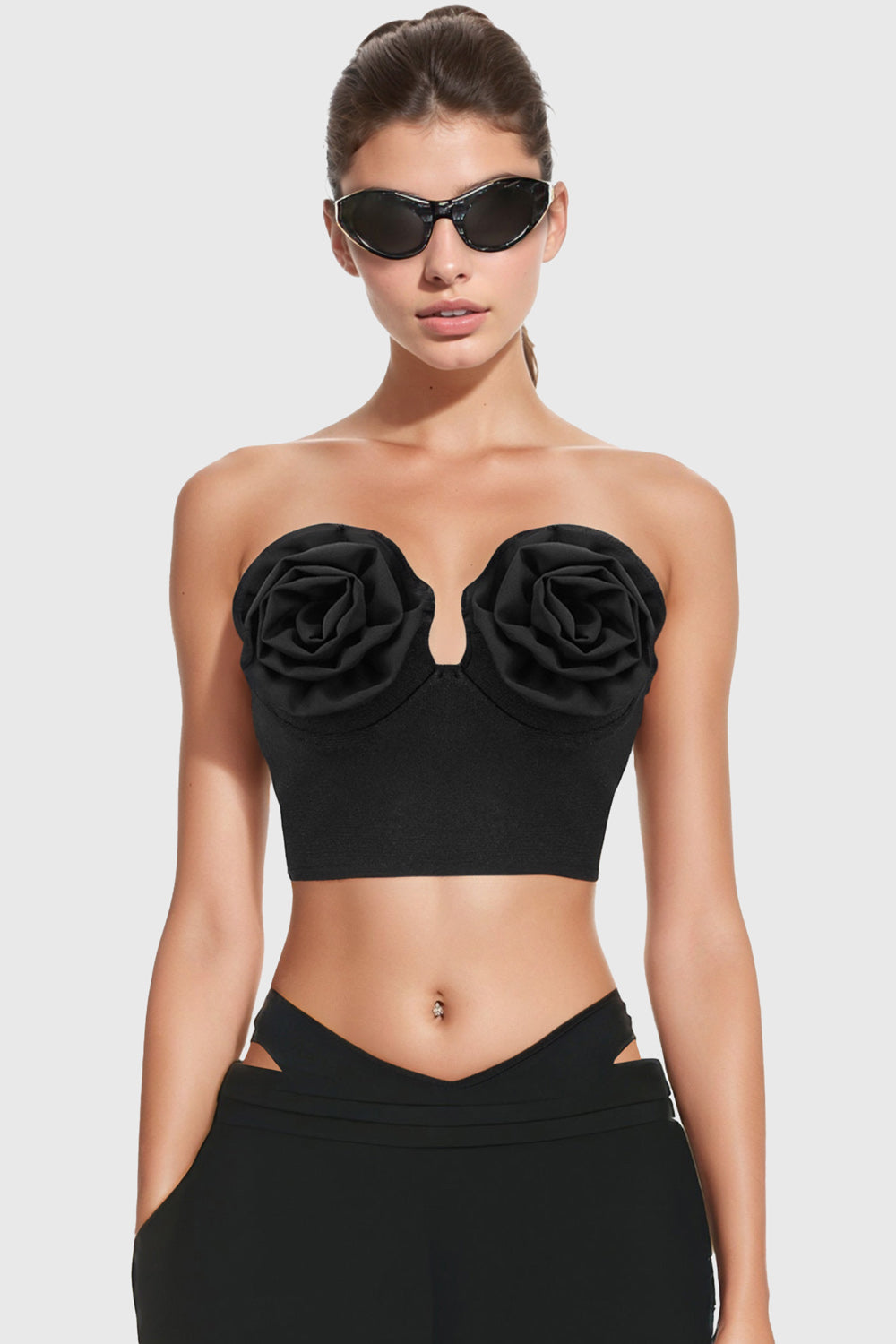 Top bandeau con rosas - Negro