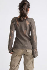 Ripped Long Sleeve Top with Irregular Hem - Brown