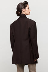 Oversized Blazerwith Button at Collar - Brown