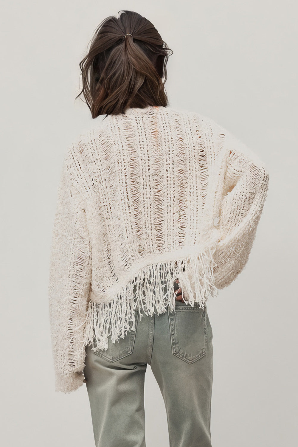 Open-Knit Top with Fringe - Vanilla