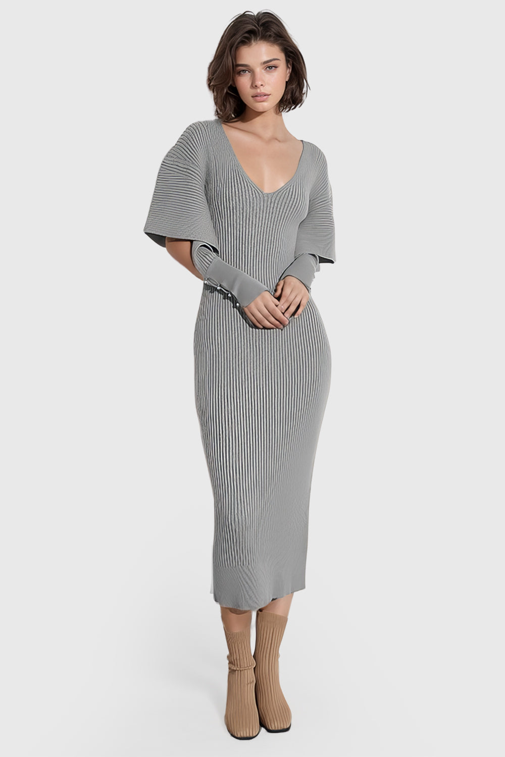 Vestido midi de canalé con cuello en V - Gris