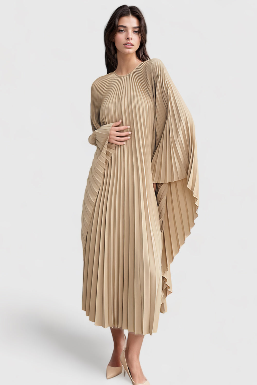 Pleated Maxi Dress with Long Sleeves
