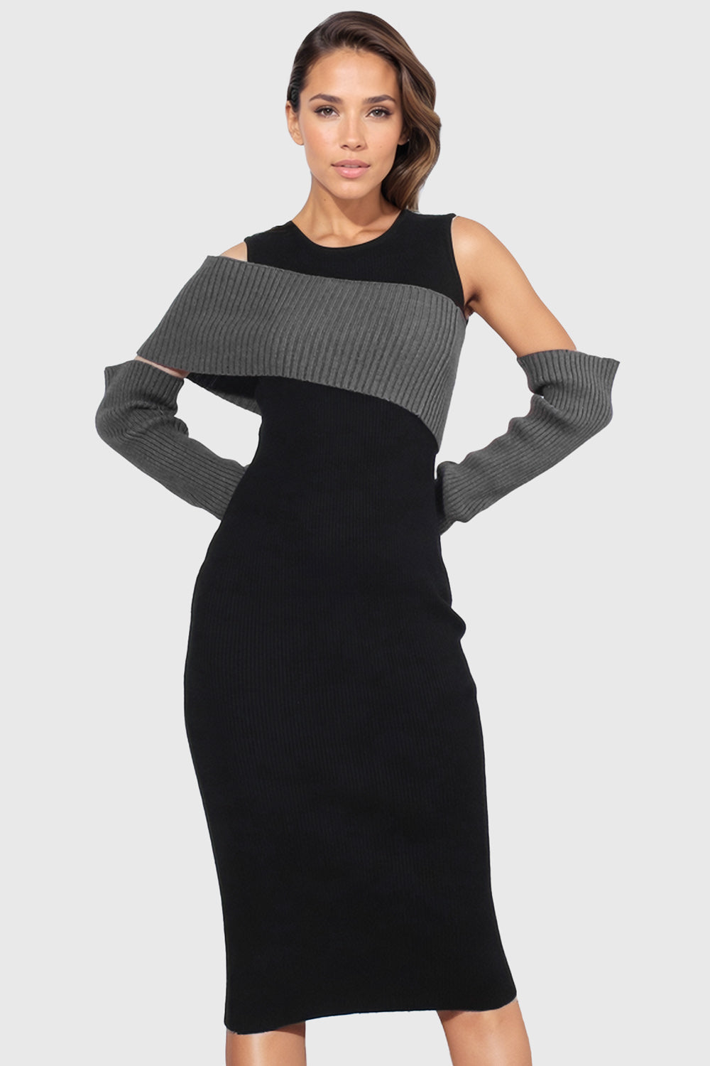 Vestido midi ajustado con detalles de punto - Negro