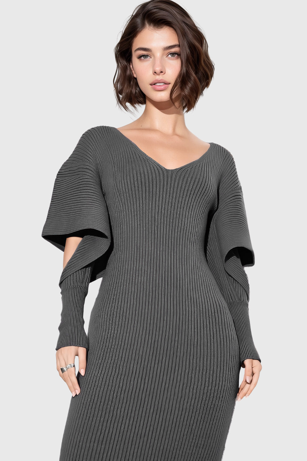 Vestido midi de canalé con cuello en V - Gris oscuro