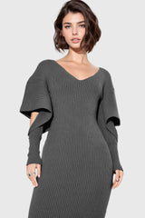 Vestido midi de canalé con cuello en V - Gris oscuro