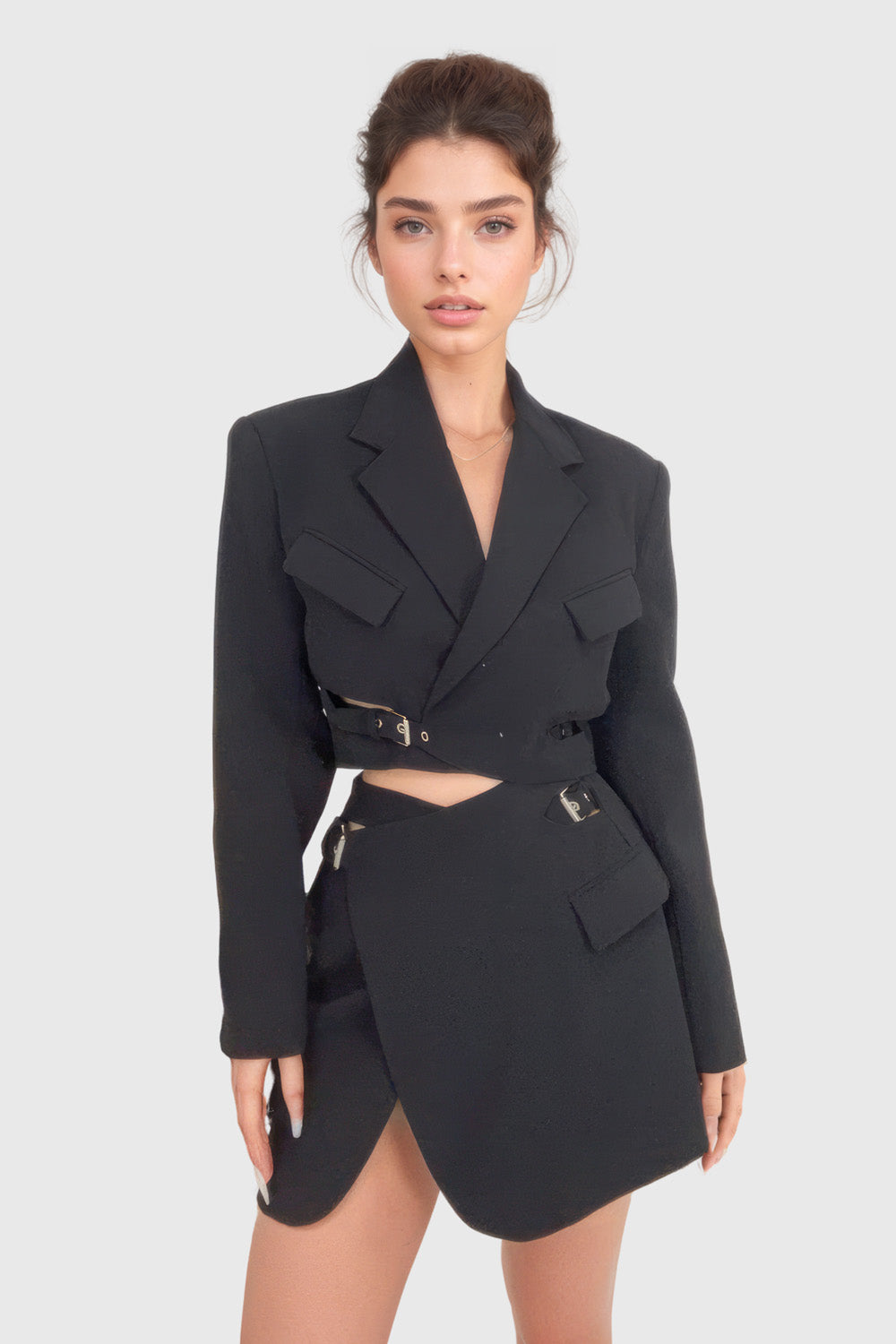 Vestido Blazer Corto con Cinturones - Negro
