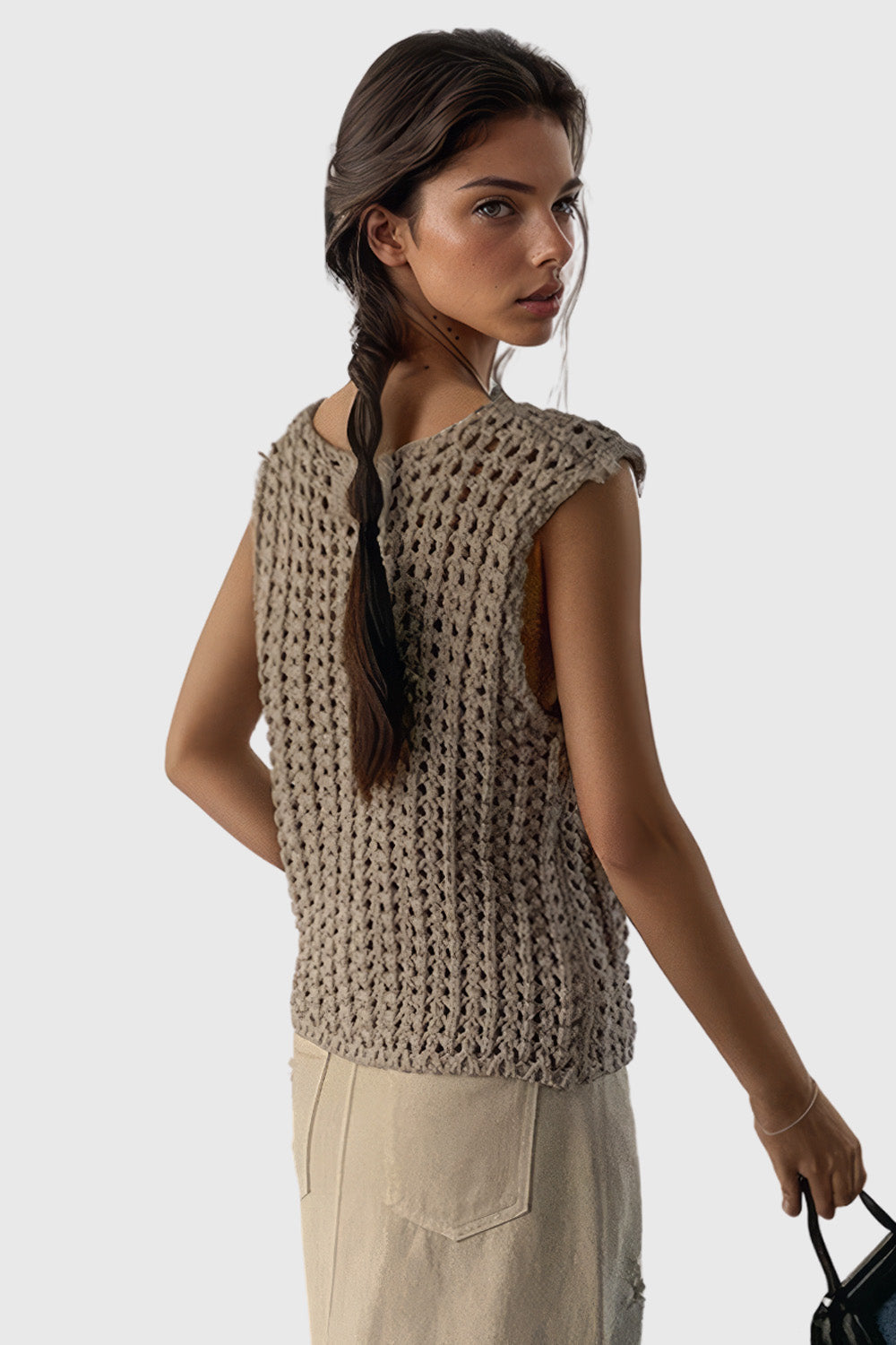 Open Knit Sleeveless Top - Khaki