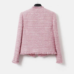 Chaqueta de tweed grueso rosa para mujer - Otoño/Invierno - Diseño de borlas de estilo socialité