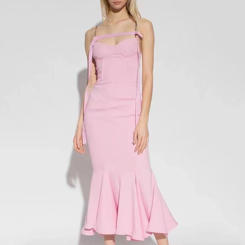 ARINNA PINK FRILLED BOTTOM BODYCON MIDI DRESS