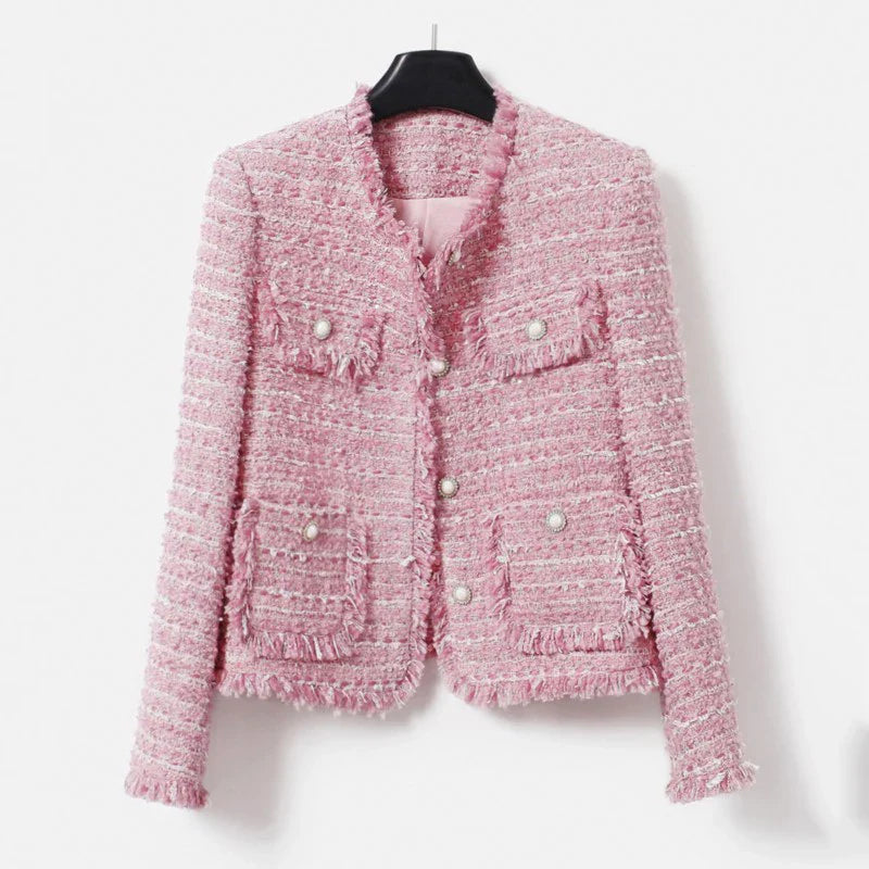 Chaqueta de tweed grueso rosa para mujer - Otoño/Invierno - Diseño de borlas de estilo socialité