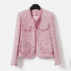 Chaqueta de tweed grueso rosa para mujer - Otoño/Invierno - Diseño de borlas de estilo socialité