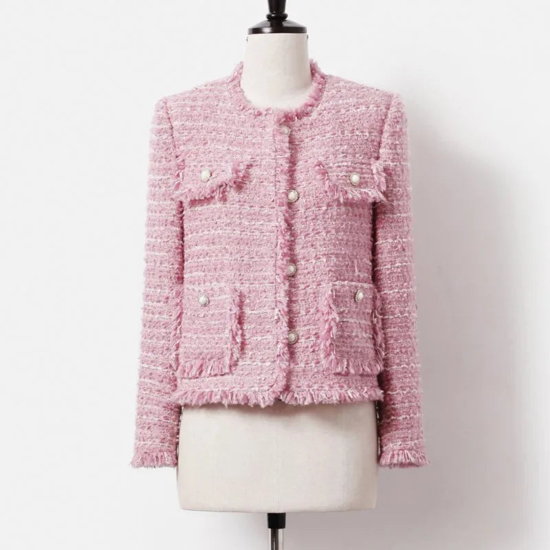 Chaqueta de tweed grueso rosa para mujer - Otoño/Invierno - Diseño de borlas de estilo socialité