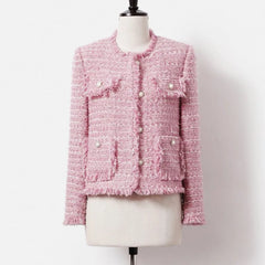 Chaqueta de tweed grueso rosa para mujer - Otoño/Invierno - Diseño de borlas de estilo socialité