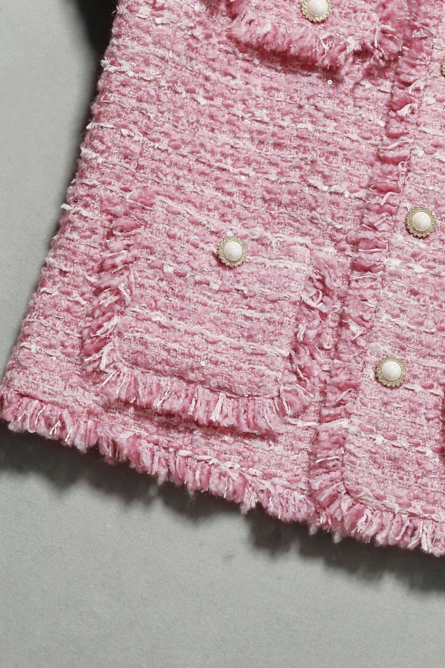 Chaqueta de tweed grueso rosa para mujer - Otoño/Invierno - Diseño de borlas de estilo socialité