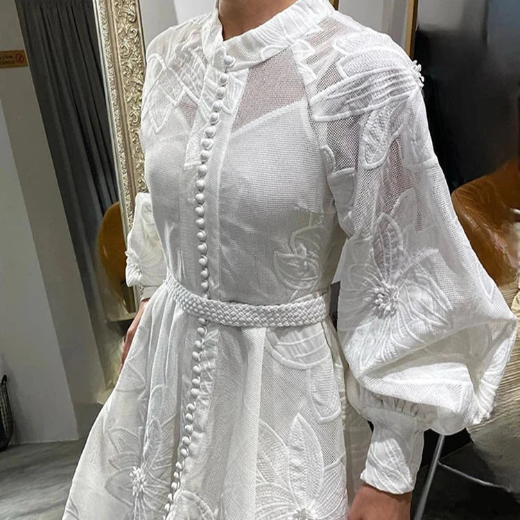 LONG SLEEVE PATCHWORK WHITE DRESS