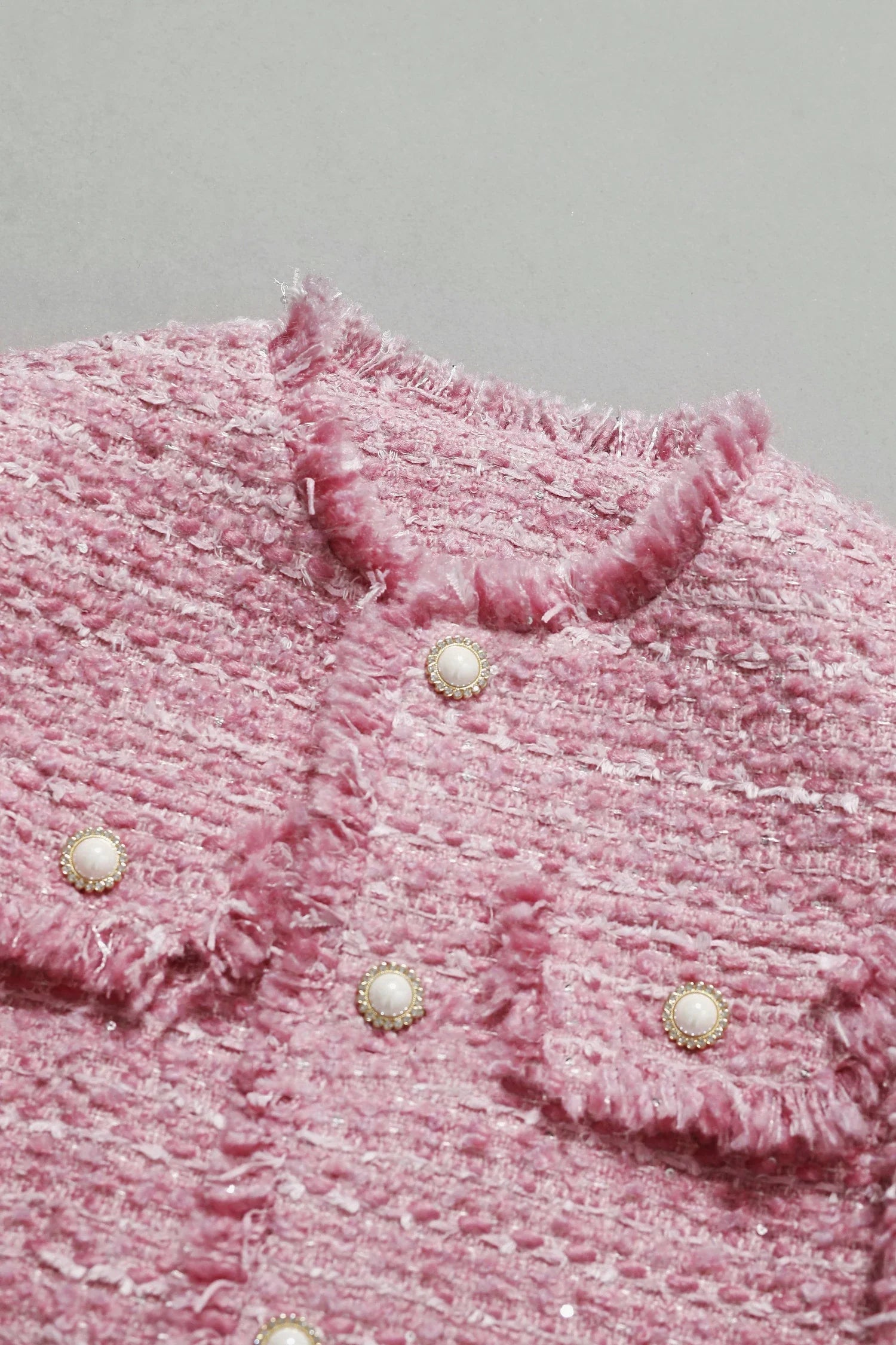 Chaqueta de tweed grueso rosa para mujer - Otoño/Invierno - Diseño de borlas de estilo socialité