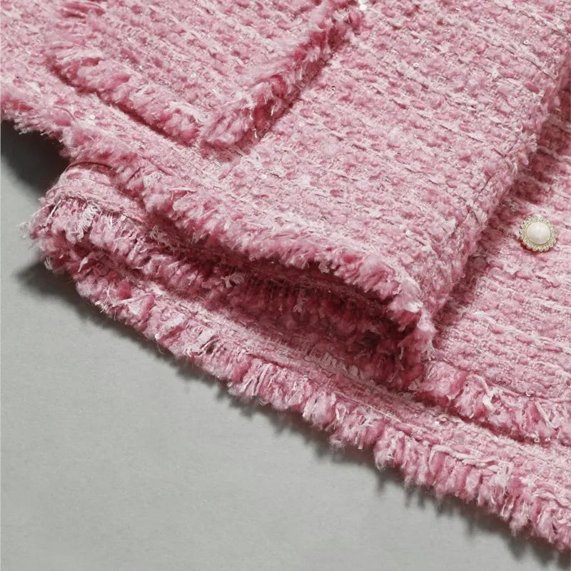 Chaqueta de tweed grueso rosa para mujer - Otoño/Invierno - Diseño de borlas de estilo socialité