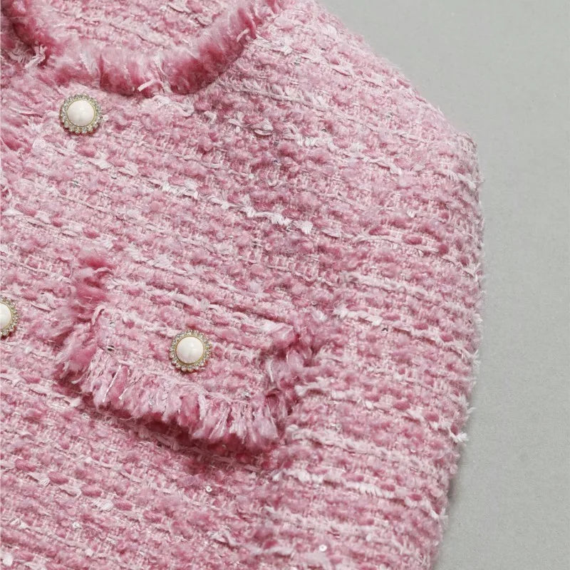 Chaqueta de tweed grueso rosa para mujer - Otoño/Invierno - Diseño de borlas de estilo socialité