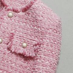 Chaqueta de tweed grueso rosa para mujer - Otoño/Invierno - Diseño de borlas de estilo socialité