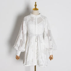 LONG SLEEVE PATCHWORK WHITE DRESS