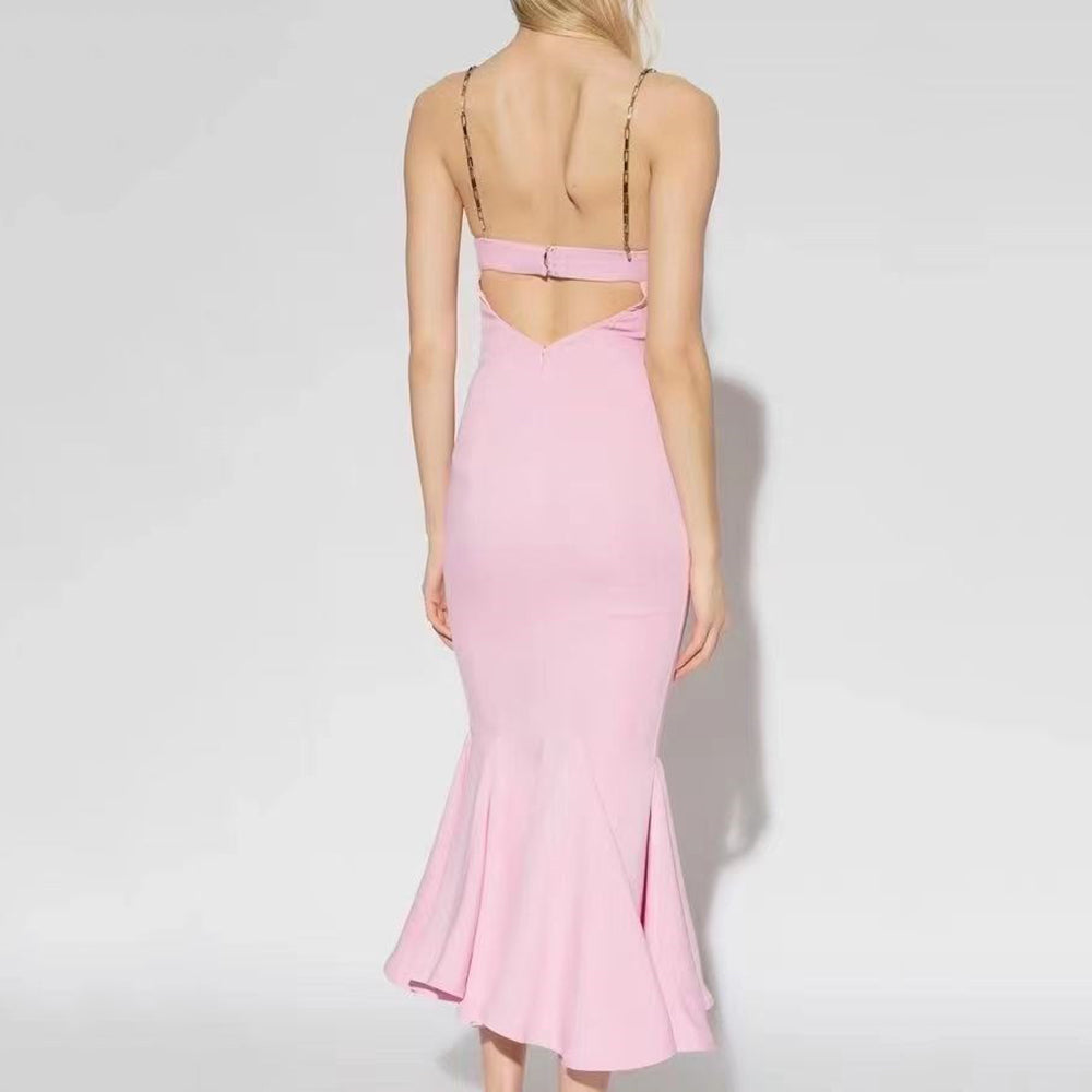 ARINNA PINK FRILLED BOTTOM BODYCON MIDI DRESS