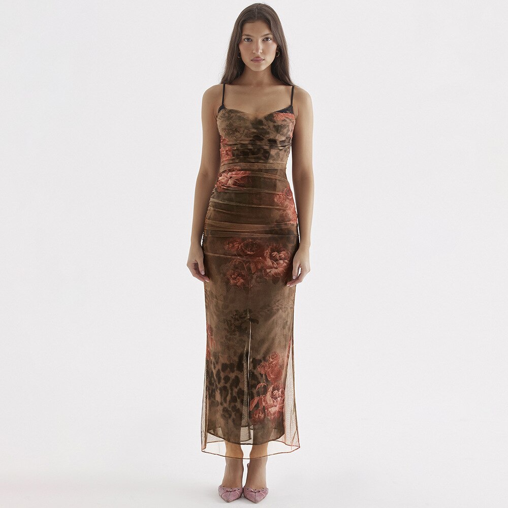 AKIRA BODYCON BROWN PRINTED MAXI DRESS with STRAPS