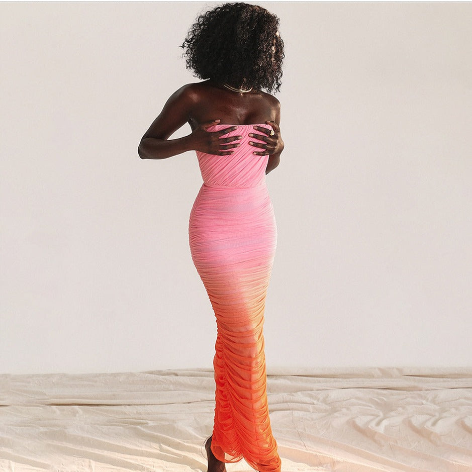 ASHY GRADIENT PINK ORANGE BODYCON MAXI DRESS