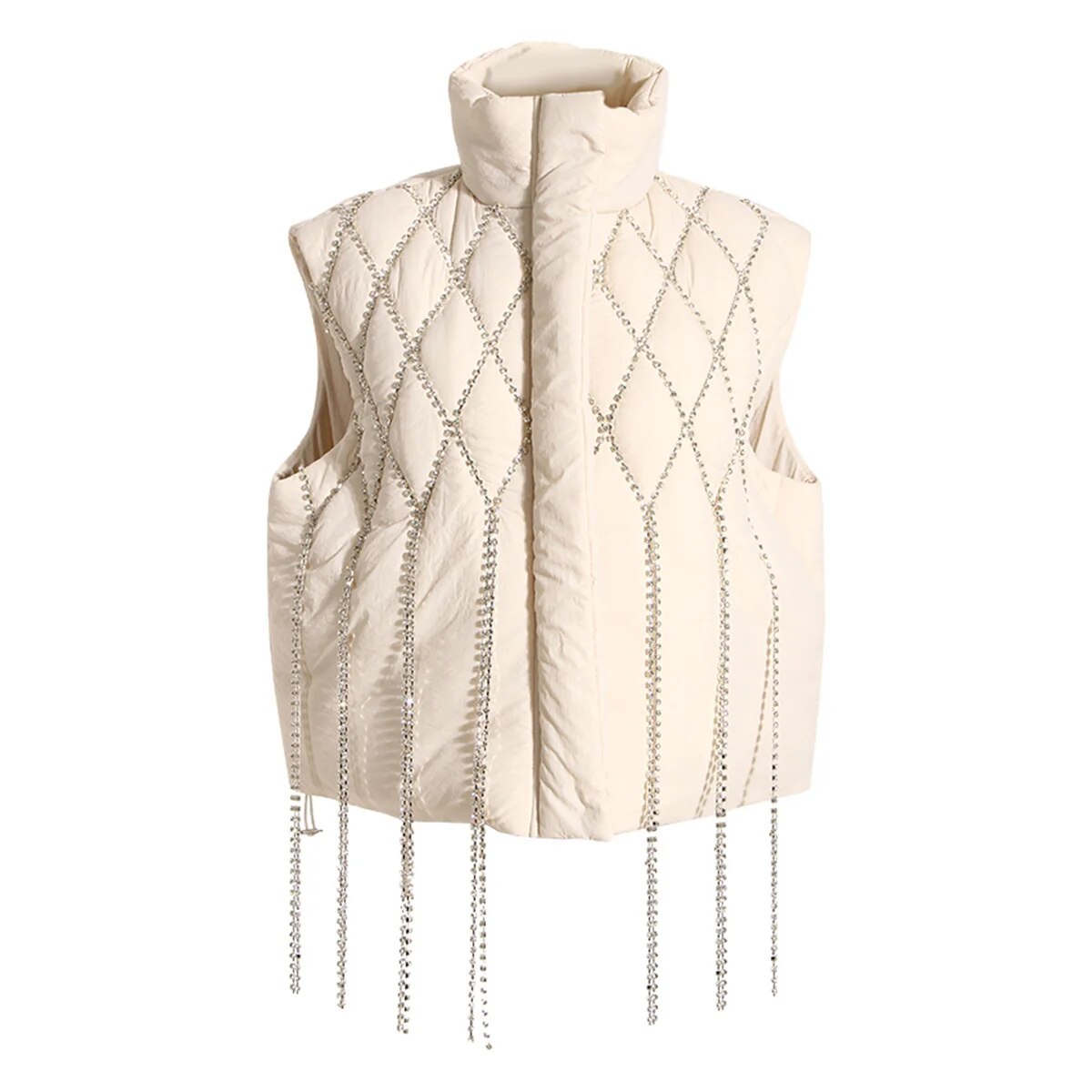 DEAT Women's Waistcoat Loose Stand Collar Single Breasted  Sleeveless Plaid Diamonds Tassel Vest Winter 2023 1DF2572