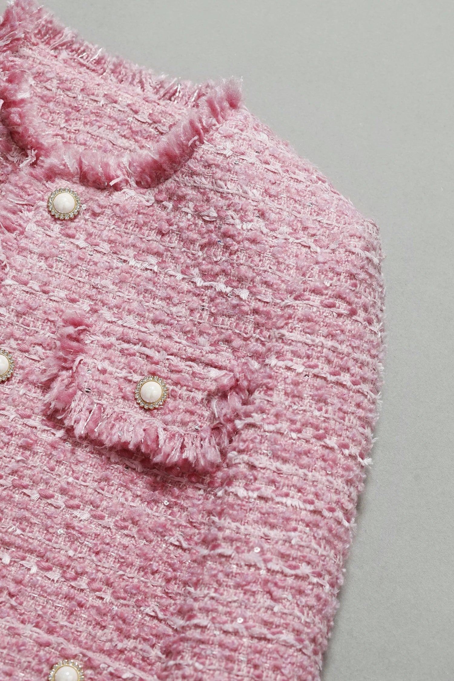 Chaqueta de tweed grueso rosa para mujer - Otoño/Invierno - Diseño de borlas de estilo socialité