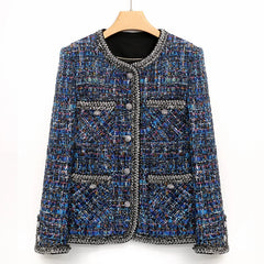 Blue Tweed Jacket for Women - High-End Socialite Classic