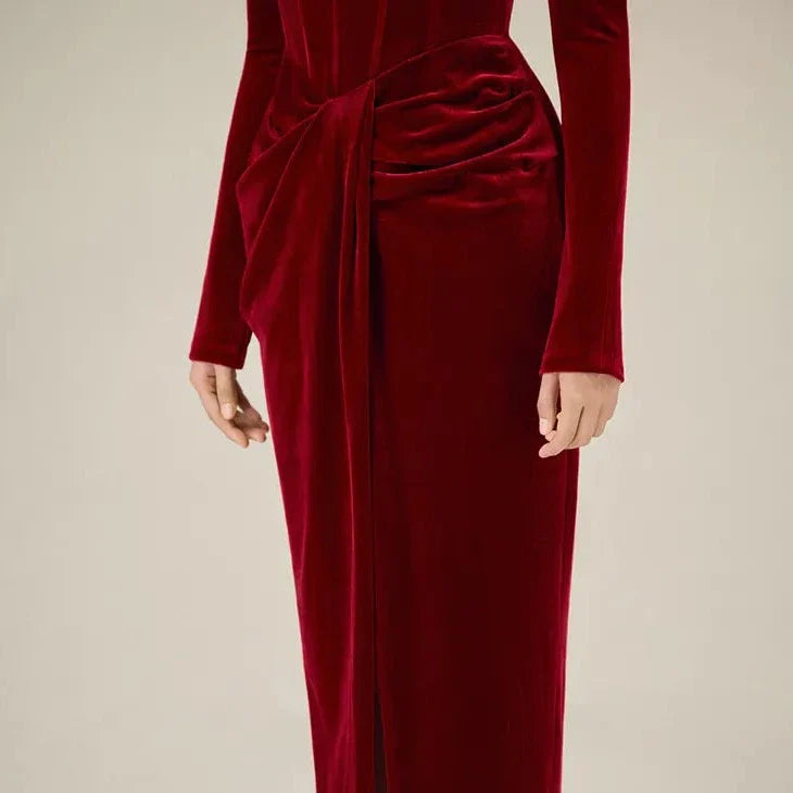 DARK RED MIDI DRESS with CORSET LONG SLEEVES and FRONT SLIT