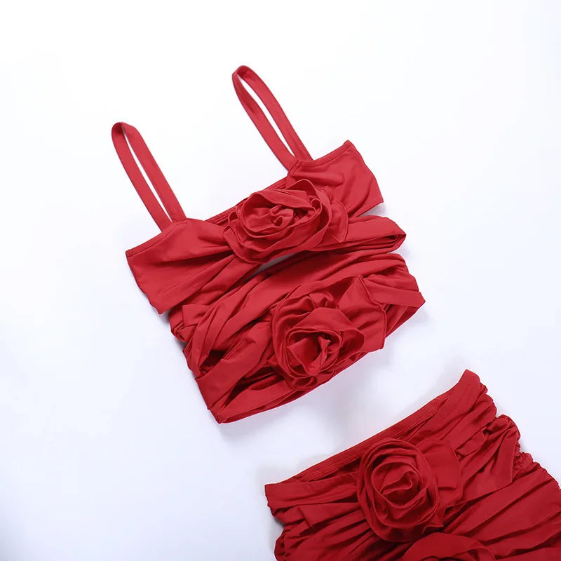 CONJUNTO DE TOP Y FALDA ROJOS con Flores