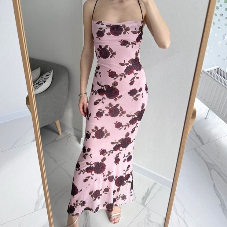 Rückenfreies Maxikleid mit Schnürung und Jami Rose-Print