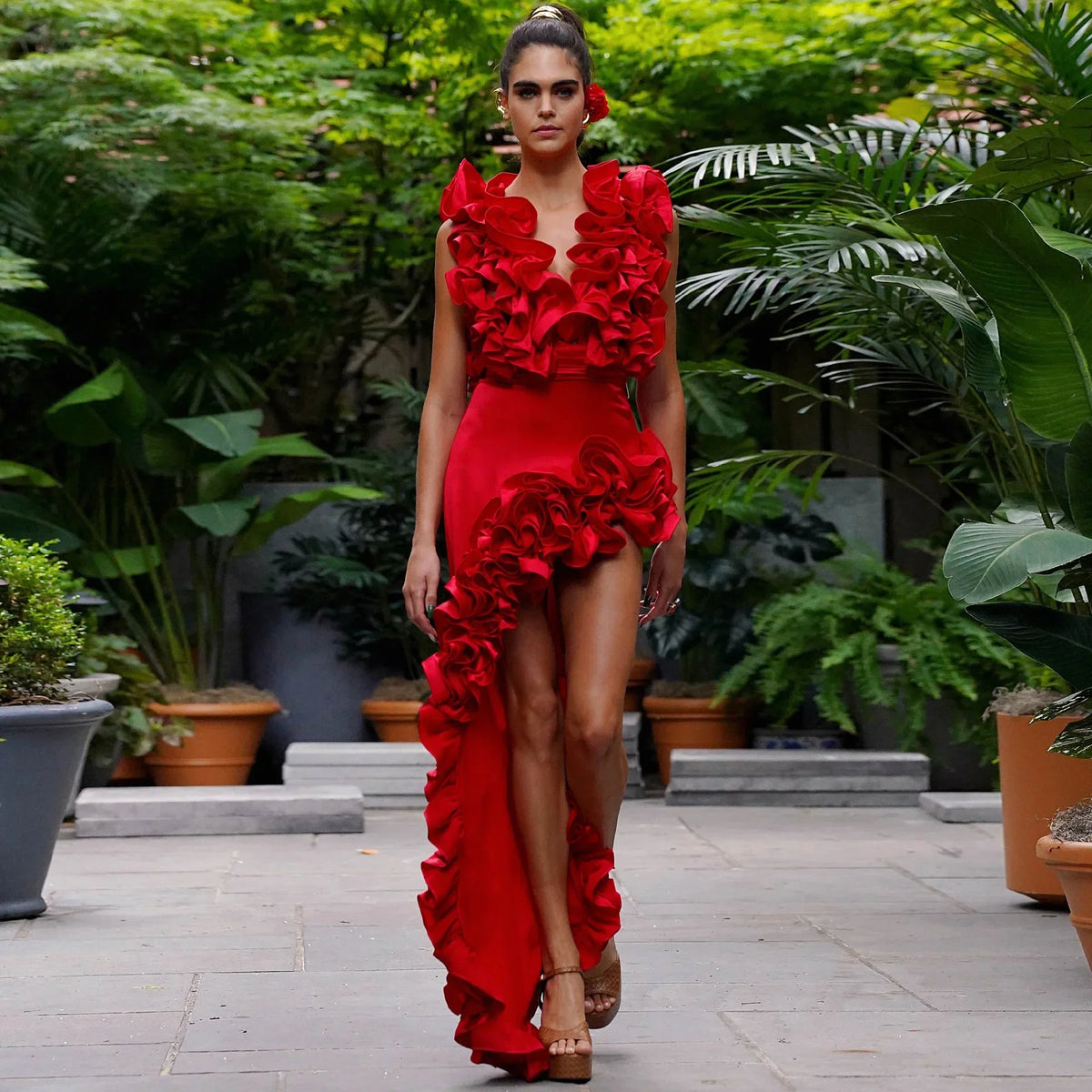 RED Flower Bodysuit and SIDE SLIT MAXY SKIRT