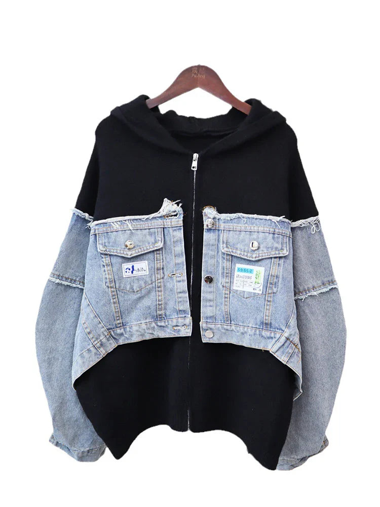 Sweatshirt mit Reißverschluss und Denim-Einsätzen - Schwarz