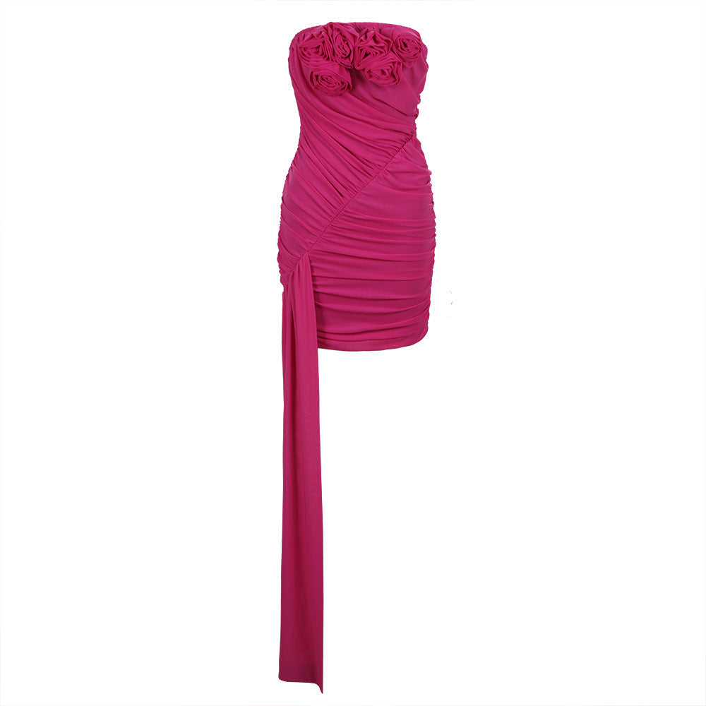 VESTIDO MINI FRUNCIDO ROSA HANAO CON COLA Y LAZOS DE ROSA